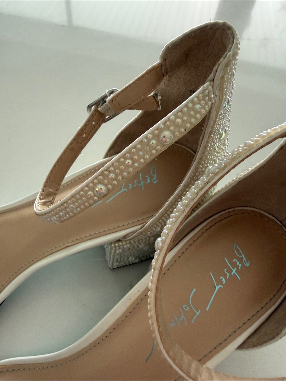 Betsey Johnson White Pearl-Embellished Block Heel Sandals - Picture 4 of 4